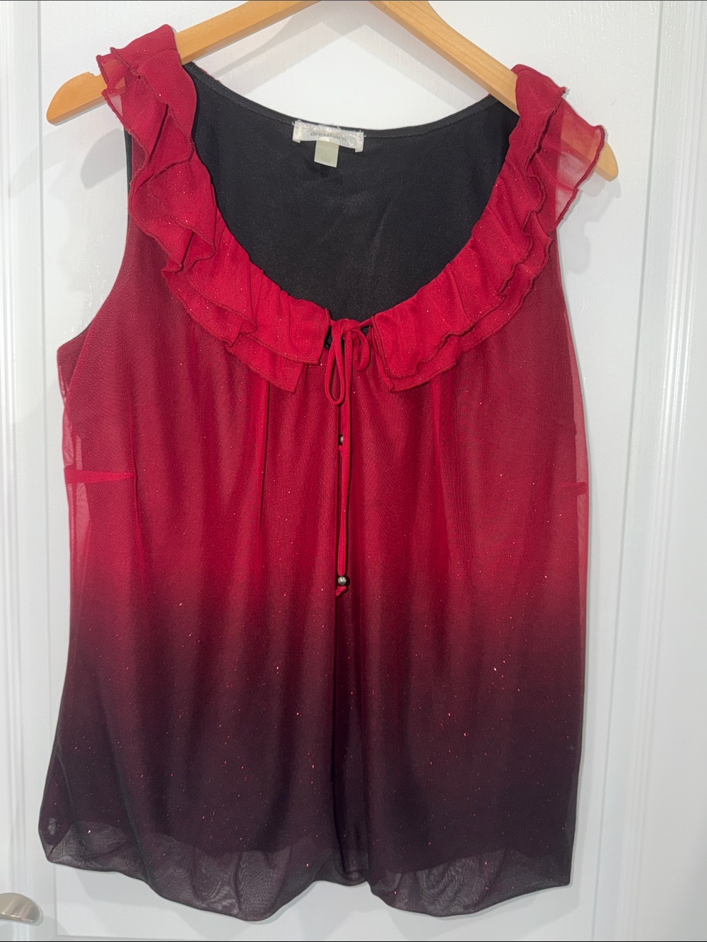 dressbarn Red to Black Ombre Ruffle Sleeveless Top with glitter size large